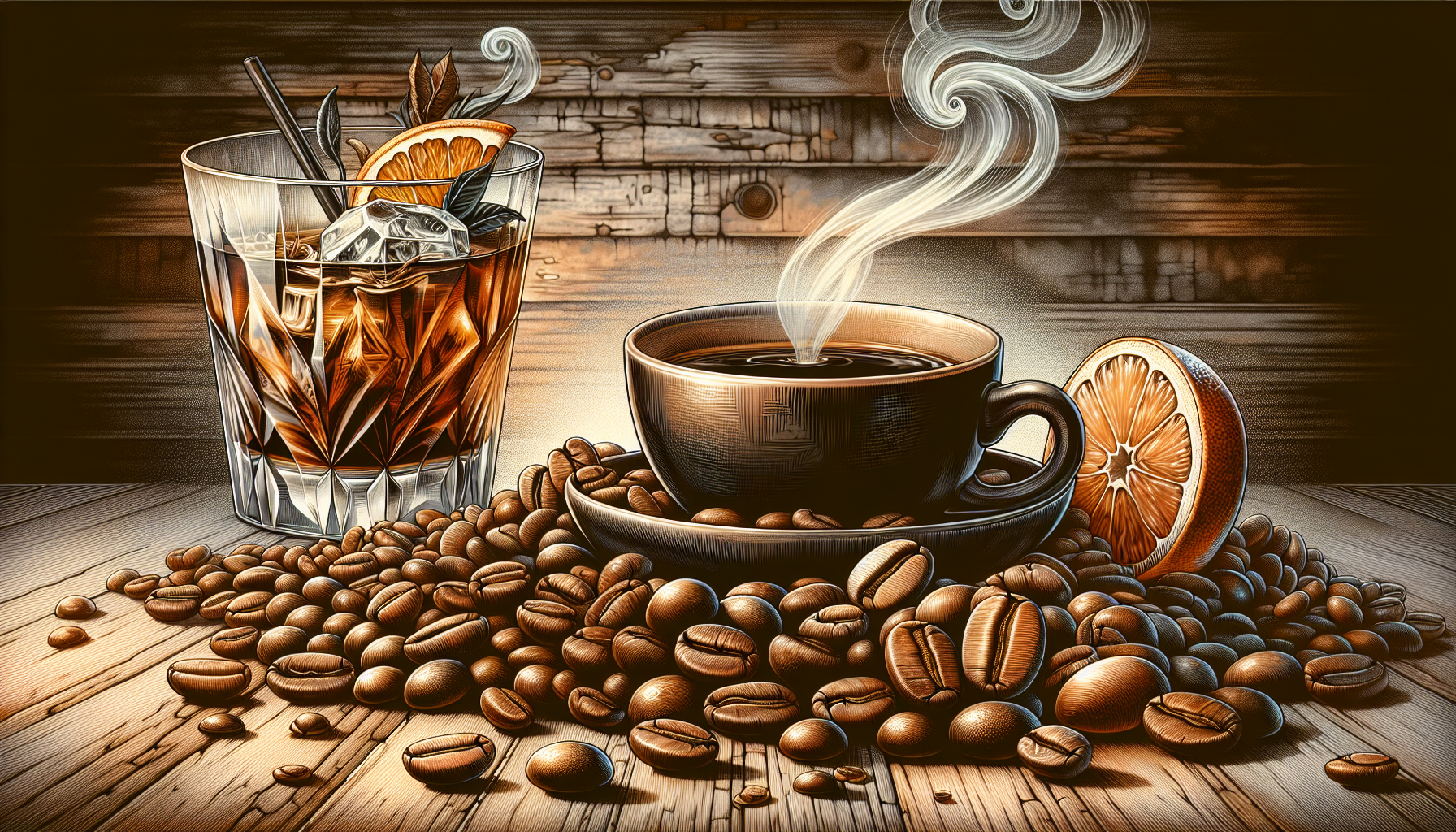 An illustration of a coffee experience with different coffee beans and drinks.