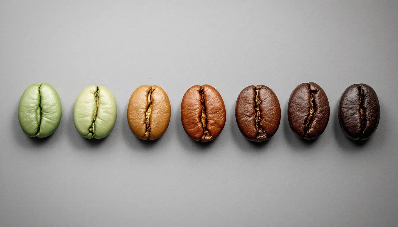 The image illustrates the roasting process of coffee beans, showcasing their transformation from green to dark roast, highlighting the vibrant colors and textures of both whole and roasted coffee beans. This visual journey emphasizes the importance of coffee freshness and the shelf life of coffee beans, as they progress towards their peak flavor and aroma.